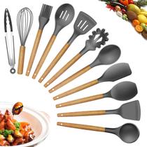 onjunto de utensílios de cozinha, kit de silicone com espátula e cabo de madeira PRETO onjunto de utensílios de cozinha, kit de silicone com espátula e cabo de madeira PRETO