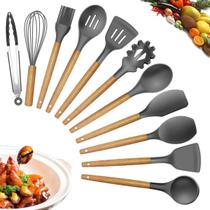 onjunto de utensílios de cozinha, kit de silicone com espátula e cabo de madeira PRETO onjunto de utensílios de cozinha, kit de silicone com espátula e cabo de madeira PRETO