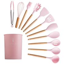 onjunto de utensílios de cozinha, kit de silicone com espátula e cabo de madeira ROSA
