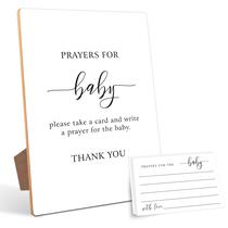 Orações para cartões e jogos para bebês Decorações e sinais para chá de bebê, decoração de revelação de gênero 1 cartaz de madeira com suporte e conjunto de 50 cartões de oração