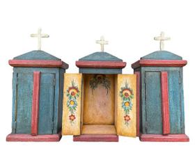 Oratório capela 100% artesanal de madeira maciça pintado a mão para imagens religiosas - TÔ NA ROÇA