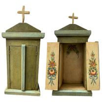 Oratório capela de madeira maciça artesanal pintado a mão exclusivo peça única para decoração religiosa para imagem de até 28cm