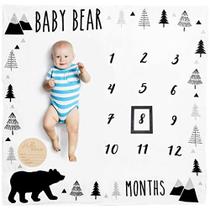 Organic Baby Monthly Milestone Blanket Boy - Baby Bear Blanket Months with Frame and Newborn Announcement Disc - Baby Boy Age Blanket for 1-12 Month Milestones, 47"x47"