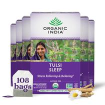 Organic India Tulsi Sleep Herbal Tea - Alívio do Estresse e Relaxamento, Suporte Imunológico, Equilibra os Ciclos de Sono, Vegano, Certificado pelo USDA Orgânico, Não OGM, Sem Cafeína - 18 Sacos de Infusão, 6 Pacote