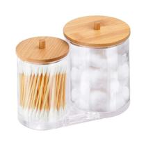 Organizador 2 Em 1 Porta Algodão Cotonete Com Tampa Em Bambu Organizador 2 Em 1 Porta Algodão Cotonete Com Tampa Em Bambu