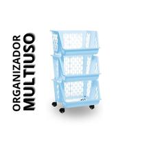 Organizador Azul Multiuso Triplo Empilhável c/ Rodinhas