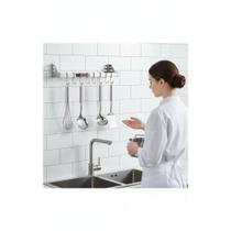 Organizador Cozinha Inox 60cm: 10 Ganchos + Prateleira