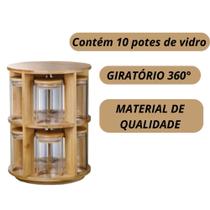 Organizador de Bambu Giratório Com 10 Potes de Vidro