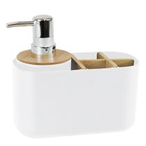 Organizador de Banheiro com Dispenser 280ml e Porta detergente Escova em Bambu Suporte para Escova e Pasta de Dente Branco Organizador de Banheiro com Dispenser 280ml e Porta detergente Escova em Bambu Suporte para Escova e Pasta de Dente Branco
