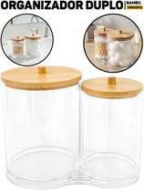 Organizador De Banheiro Duplo PS E Bambu 15x8,5x12cm Bancada P/ Cotonete Sabonete Algodão