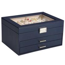 Organizador de caixas de joias Voova, couro PU de 3 camadas, azul marinho Organizador de caixas de joias Voova, couro PU de 3 camadas, azul marinho