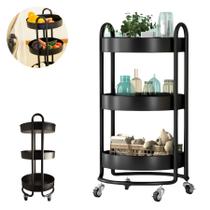 Organizador De Cozinha Metal Redondo Com Rodinhas Cor Preta Para Multiuso 3 Prateleiras Fruteira