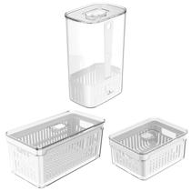Organizador De Geladeira OU Salada Frutas Verdura Tempero Cesto Escorredor Clear Fresh Kit 3 itens