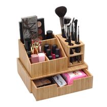 Organizador de Maquiagem de Bambu - Kit Completo com 3 Peças: Porta Pincel (5 Seções), Porta Cosméticos (4 Compartimentos) e Gaveta