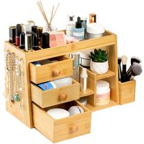 Organizador de maquiagem Elsjoy Bamboo com 3 gavetas e suporte de 12 grades