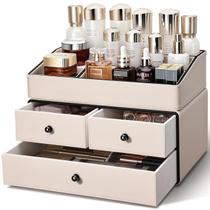 Organizador de maquiagem KINGFOM Leather 3 gavetas 2 camadas bege Organizador de maquiagem KINGFOM Leather 3 gavetas 2 camadas bege