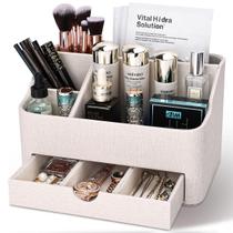Organizador de maquiagem KINGFOM Leather com gaveta bege Organizador de maquiagem KINGFOM Leather com gaveta bege