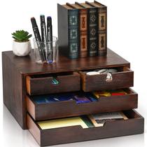 Organizador de mesa DEAYOU Bamboo de 3 camadas com 4 gavetas, cor de nogueira