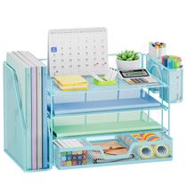 Organizador de mesa Marbrasse de 4 camadas com suporte para arquivos e gaveta azul