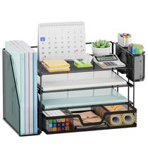 Organizador de mesa Marbrasse de 4 camadas com suporte para arquivos e gaveta preto Organizador de mesa Marbrasse de 4 camadas com suporte para arquivos e gaveta preto