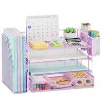 Organizador de mesa Marbrasse de 4 camadas com suporte para arquivos e gaveta roxo Organizador de mesa Marbrasse de 4 camadas com suporte para arquivos e gaveta roxo