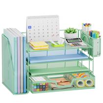 Organizador de mesa Marbrasse de 4 camadas com suporte para arquivos e gaveta verde Organizador de mesa Marbrasse de 4 camadas com suporte para arquivos e gaveta verde