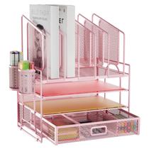 Organizador de mesa Marbrasse de malha de 4 camadas com 5 suportes para arquivos rosa