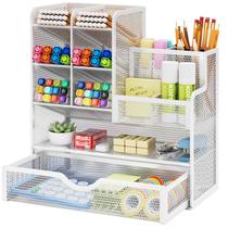 Organizador de mesa Marbrasse Mesh Porta-canetas com gaveta branca Organizador de mesa Marbrasse Mesh Porta-canetas com gaveta branca