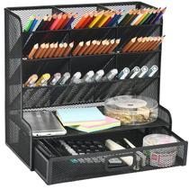 Organizador de mesa Marbrasse Mesh Porta-canetas com gaveta preta Organizador de mesa Marbrasse Mesh Porta-canetas com gaveta preta