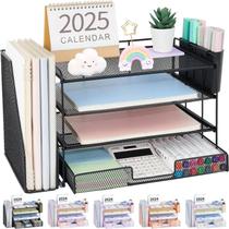 Organizador de Mesa OPNICE com 4 Níveis, Gaveta para Arquivos e 2 Porta-canetas Organizador de Mesa OPNICE com 4 Níveis, Gaveta para Arquivos e 2 Porta-canetas