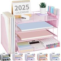 Organizador de Mesa OPNICE de 4 Níveis com Gaveta e Porta-canetas Rosa Organizador de Mesa OPNICE de 4 Níveis com Gaveta e Porta-canetas Rosa
