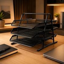 Organizador de Papéis Documentos Escritório Mesa 3 Bandejas Metal Preta 34x30x26,5cm Estrutura Resistente Home Office Organizador de Papéis Documentos Escritório Mesa 3 Bandejas Metal Preta 34x30x26,5cm Estrutura Resistente Home Office