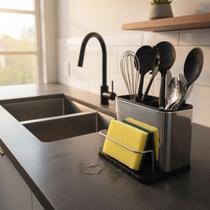 Organizador de Pia Porta Talheres Compacto Divisórias para Escova Esponja Detergente Cozinha Aço Inox e Plástico Design Moderno Elegante
