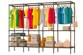 Organizador de Roupas 4 Colunas em Aço Inox Closet Aberto com Arara Cabideiro e Prateleiras Irsina