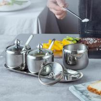 Organizador de Temperos Cozinha 3 Vasos Vidro Inox Colheres Base Metalica Prateleira Lancheira Top Organizador de Temperos Cozinha 3 Vasos Vidro Inox Colheres Base Metalica Prateleira Lancheira Top