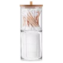 Organizador Disco Algodão E Cotonetes Acrílico Tampa Bambu