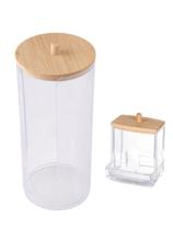 Organizador Disco Algodão e Cotonetes Acrílico Tampa Bambu