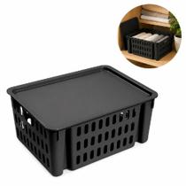 Organizador empilhavel com tampa 7,4l preto caixa vazada com alca cesto multiuso guarda roupa escritorio cozinha banheir Organizador empilhavel com tampa 7,4l preto caixa vazada com alca cesto multiuso guarda roupa escritorio cozinha banheir