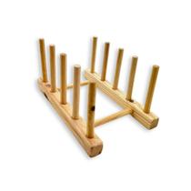 Organizador Escorredor de 4 Pratos em Madeira Pinus com Cavilhas Rústico e Funcional Cozinha Bancada