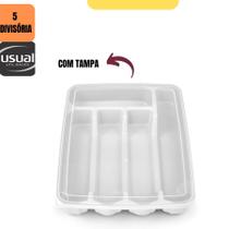 Organizador Gaveta Porta Talheres Plástico Grande com Tampa 5 Divisórias Cores Usual Utilidades