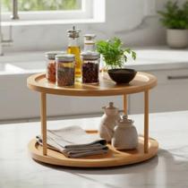 Organizador Giratório de Bambu 2 Andares 360 Porta Temperos Cozinha Lazy Susan Multiuso para Bancada, Condimentos, Cosméticos e Banheiro, Bandeja Gir