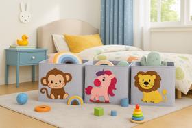 Organizador infantil dobrável 30cm cesto poliéster estampa bichinhos ideal roupas brinquedos 4 peças