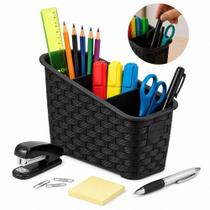 Organizador Mesa Preto Rattan 3 Divisorias Multiuso Banheiro Cozinha Premium