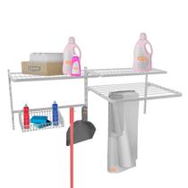 Organizador Modular Lavanderia c/ 2 Prateleiras e Varal de Parede Arara 120x50cm Ganchos Prateleiras Estante Aramado