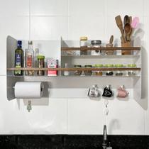 Organizador Multiuso Cozinha em Aço Carbono Branco e Madeira - 100cm Linha Home