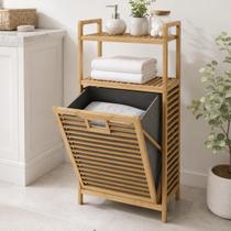 Organizador Para Banheiro Em Bambu Com Prateleiras E Cesto De Roupa Tecido Lavável Versátil Slim Organizador Para Banheiro Em Bambu Com Prateleiras E Cesto De Roupa Tecido Lavável Versátil Slim