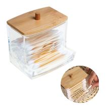 Organizador Porta Cotonete em Acrílico com Tampa de Bambu