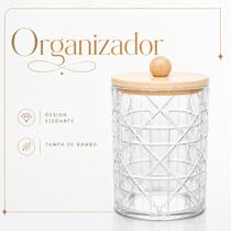 Organizador Porta Cotonetes e Algodão Decorativo de Acrílico com Tampa de Bambu