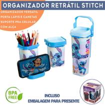 Organizador Porta Lápis e caneta Retrátil Stitch com Alça 2 em 1 Plasútil BPA Free com Suporte para Celular Estojo de Mesa