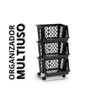 Organizador Preto Multiuso Triplo Empilhável c/ Rodinhas